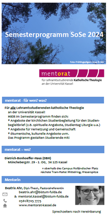 Flyer: 'Mentorat Kath. Theologie - Programm SoSe 2024' (PDF)